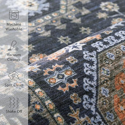 Tangsoo Vintage 3x5 Area Rug for Bedroom Entryway,Washable Soft Low Pile Indoor Accent Rugs,Boho Non-Slip Carpet for Living Room Bedside Bathroom Entry Blue Orange
