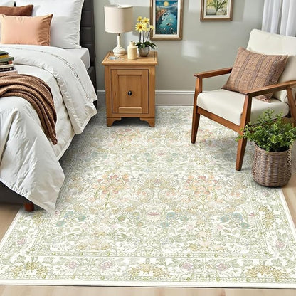 Farmhouse Sage Green Washable Living Room Rug 5x7, Floral Area Rug for Bedroom, Nursery, Dining Room Under Table, Home Office, Low Pile Non Slip Boho Carpet, Soft Cottagecore Botanical Accent Mat