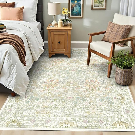 Farmhouse Sage Green Washable Living Room Rug 5x7, Floral Area Rug for Bedroom, Nursery, Dining Room Under Table, Home Office, Low Pile Non Slip Boho Carpet, Soft Cottagecore Botanical Accent Mat