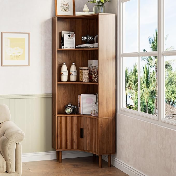 Lxsxlome Fluted Corner Cabinet, 66.928" Tall Corner Floor Cabinet with Sliding Doors and Shelves, Modern Wooden Freestanding Narrow Storage Organizer for Kitchen,Living Room (Walnut, 66.92" H)