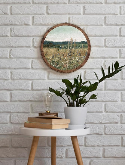 Vintage Spring Floral Field Landscape Hanging Wall Art, Meadow Flowers Vintage Round Wooden Wall Decor, Flower Field Scene Western Boho Decorations for Home Living Room Bedroom Bathroom Office, 19