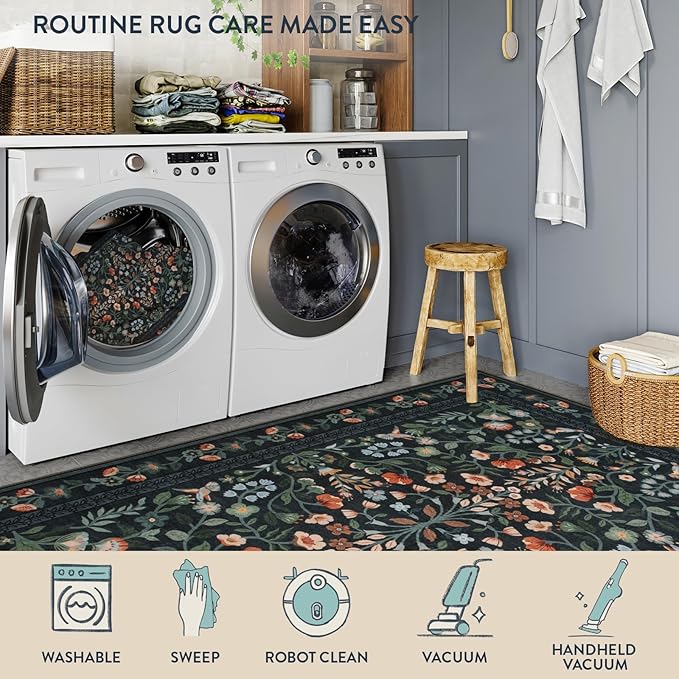 Lahome Black Floral Washable Area Rug 8x10, Vintage Non Slip Stain Resistant Carpet for Living Room Bedroom, Low-Pile Soft Boho Rug for Dining Room Office, Machine Washable Home Decor, Black