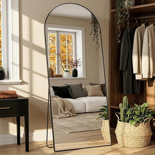 Arched Full Length Mirror 71 x 28 Inch, Full Body Mirror with Stand, Standing Hanging or Leaning Against Wall, Metal Frame Floor Mirror for Bedroom, Living Room, Cloakroom,Black