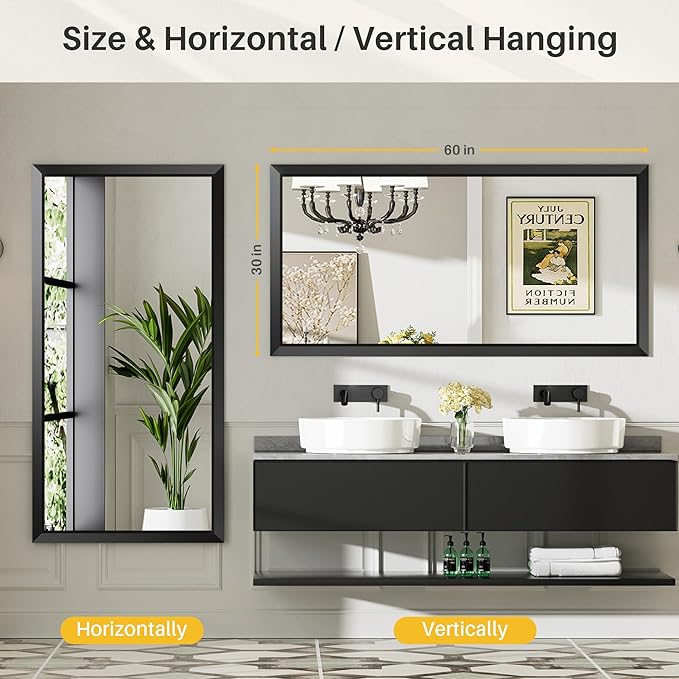 Briivue 60x28 Inch Black Bathroom Mirror for Wall, Thick Metal Framed Rectangle Mirrors for Over Sink, Bedroom, Living Room, Entryway, Anti-Rust, HD Tempered Glass