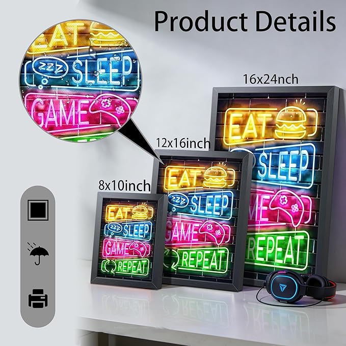 Eat Sleep Game Repeat Neon Wall Art, Framed Canvas Print Painting, Colorful Gamer LED Style Poster with Controller Burger Design, Cool Gaming Room Wall Decor for Boys Teens Bedroom Playroom 8x10 Inch