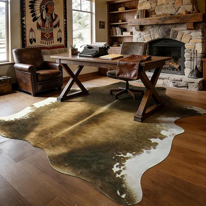 Oversized Washable Non Slip Cowhide Rug 8x10 Brindle and White, Large Faux Animal Skin Area Rugs for Living Room, Western Rustic Cottagecore Home Decor Carpet TPR Backing