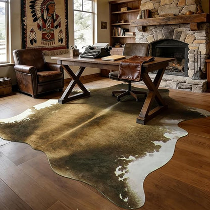 Oversized Washable Non Slip Cowhide Rug 8x10 Brindle and White, Large Faux Animal Skin Area Rugs for Living Room, Western Rustic Cottagecore Home Decor Carpet TPR Backing