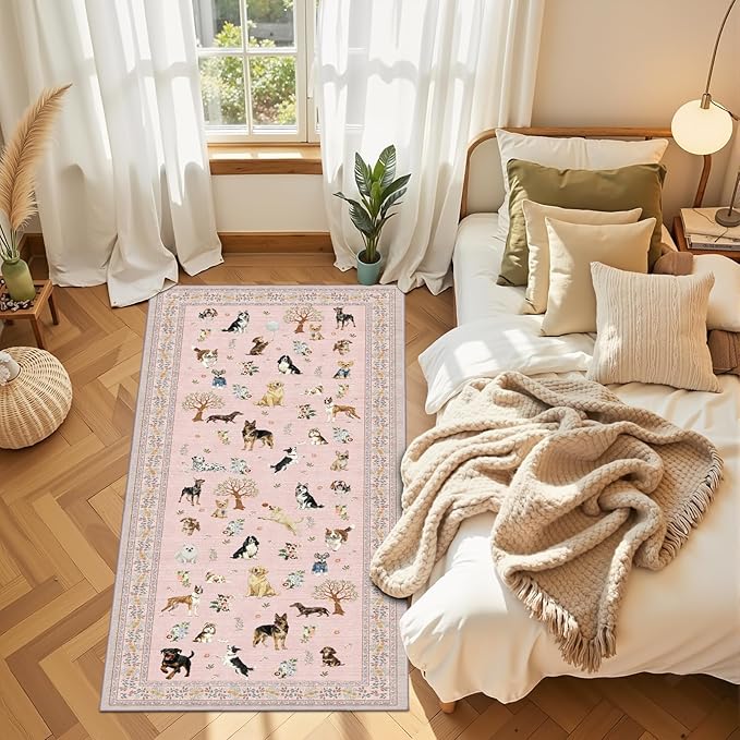 Pink Rug Runner for Hallways Kitchen Rug 2x6, Non Slip Washable Rugs with Rubber Backing Soft Floral Dog Carpet Runner for Hallways, Kitchen, Laundry, Bedroom, Bathroom