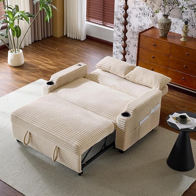VINGLI Beige Futon Sofa Bed Convertible Loveseat Sleeper Sofa Couch, Corduroy Pullout Sofa Fold Out Couch Bed with USB Ports, Cup Holders, Armrest for Living Room, Bedroom Apartment Room | Loveseat Sleeper