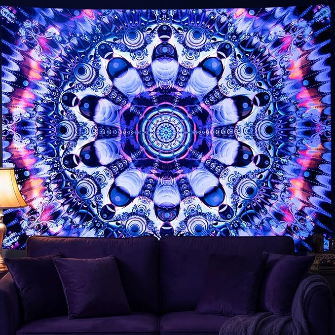 PRRPRR Blacklight Mandala Tapestry for Bedroom, UV Reactive Trippy Wall Tapestry, Bohemian Aesthetic Wall Art Decor for Adults Teens (Mandala Blue, 78"x59")