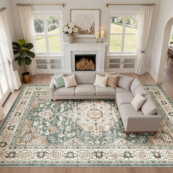 Green Rug Living Room Rugs: 10x13 Washable Boho Large Vintage Soft Stain Resistant Farmhouse Oriental Non-Slip Indoor Floor Carpet for Bedroom Nursery Kids Playroom Office Dining Room Home Decor