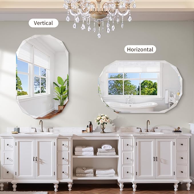 GLASHOM Frameless Bathroom Mirror, 30x48 inch Beveled Bathroom Mirror Wall Mounted, Modern Frameless Mirror for Bathroom, Living Room, Entryway Mirror Horizontal or Vertical
