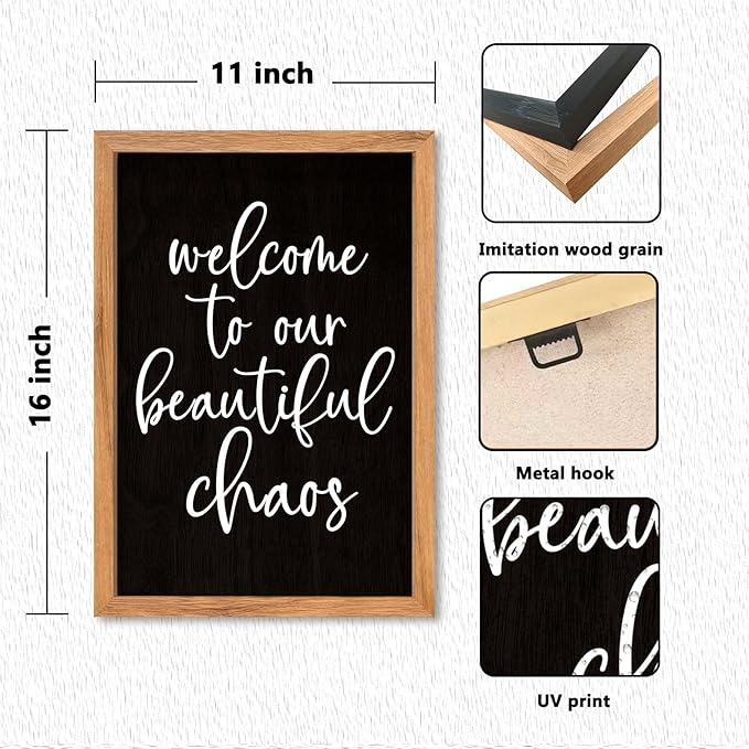 AuraPeak Welcome To Our Beautiful Chaos Sign Home Living Room Wall Decor Modern Family Rustic Farmhouse House Entryway Bedroom Hanging Horizontal Plaque Wall Art (Wood Black 16"×11")