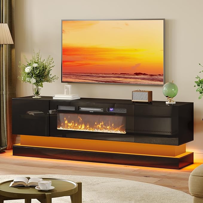 WelFurGeer 36" Electric Fireplace TV Stands with LED Lights, High-Gloss Modern Media Console Table for TV up to 75", Black Fireplace TV Stand with Storage, Entertainment Center for Living Room