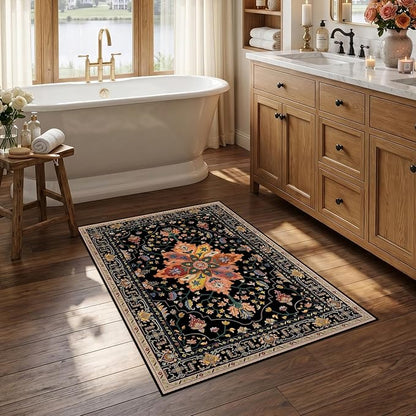 RELEANY Area Rugs 2'6"x4' Kitchen Rugs Entry Rug Small Rugs for Entryway Kitchen Bathroom Door Mat Indoor Entrance,Washable Non Slip, Black Colorful Floral Dark Tan