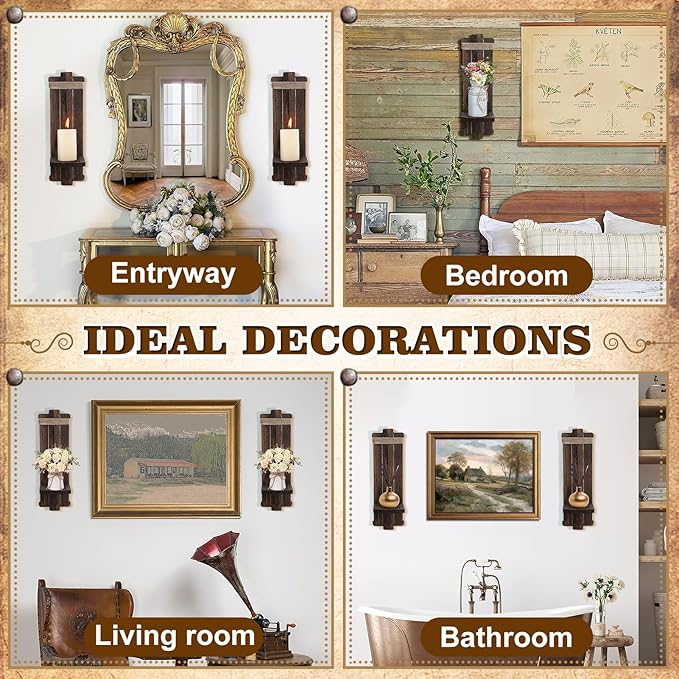 Alphatool Farmhouse Wall Decor Candle Sconces - 2 Pcs Vintage Rustic Handmade Wooden Wall-Mount Candle Holders for Bedroom Livingroom Home Hanging Art Decorations Accessories Gifts, Brown