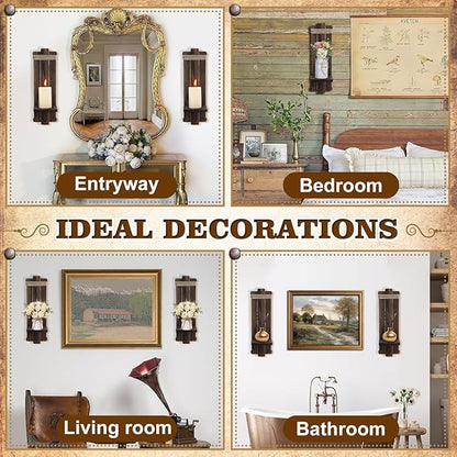 Alphatool Farmhouse Wall Decor Candle Sconces - 2 Pcs Vintage Rustic Handmade Wooden Wall-Mount Candle Holders for Bedroom Livingroom Home Hanging Art Decorations Accessories Gifts, Brown