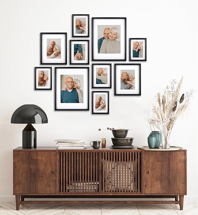 10 Piece Shadow Box Style Gallery Wall Frame Set – Deep Photo Frame Set with Mat for 8x10, 5x7 and 4x6 - Multiple Sizes Picture Frame Set for Wall Collage – Assorted Picture Frames for Wall (Black)