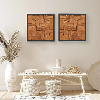 Greenage Reclaimed Teak Wood Wall Decor 17"x17" Farmhouse Square Wall Art Rustic Wooden Wall Hanging Decoration Rectangular Geometric Framed Wall Panel Shape for Home Living Room Bedroom