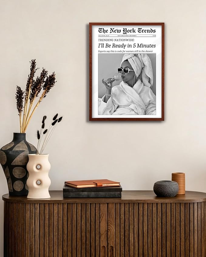 EcoHest 12x16 in Walnut Solid OAK Wood Framed Wall Art, Newspaper I'll Be Ready in 5 Minutes Print, Feminist Makeup Canvas Wall Art Home Decor, Retro Bathroom Decor, Set of 1 For Bedroom Living Room
