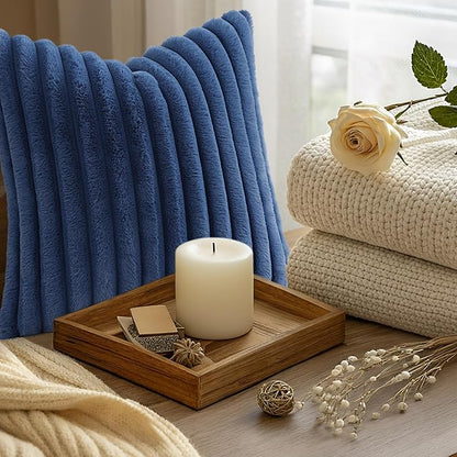 decorUhome Cozy Faux Fur Throw Pillow Covers 24x24 Set of 2 Decorative Soft Plush Striped Modern Farmhouse Boho Couch Euro Sham Pillow Cases with Velvet Back for Sofa Bed Living Room, Blue