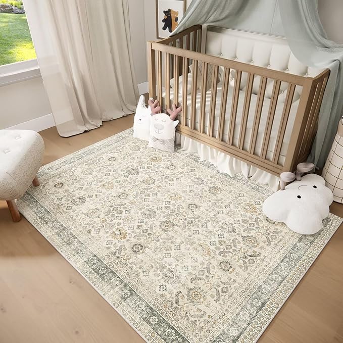 Washable 2x3 Entryway Rug, Boho Non-Slip Door Mat Vintage Distress Small Rugs for Kitchen Nursery Office Bedroom, 0.3" Neutral Oriental Throw Carpet with Cushioning Pad, Grey/Beige/Multi, C2