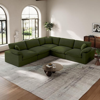Cloud Modular Couch for Living Room,5 Seat V Shape Linen Blend Sofas,Modern Deep Seat Cloud Sofas,Convertible Comfort Down Filled Sectional Couches,Removable Washable Cushion Covers,Green