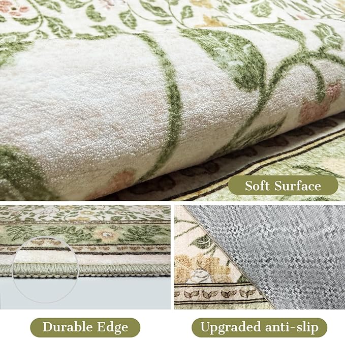 Floral 6x9 Area Rugs Machine Washable Boho Low Pile Soft Vintage Carpet for Living Room with Non Silp for Bedroom,Dining Room,Laundry Indoor,Beige/Green