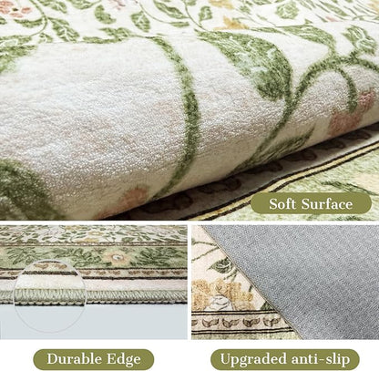 Floral 6x9 Area Rugs Machine Washable Boho Low Pile Soft Vintage Carpet for Living Room with Non Silp for Bedroom,Dining Room,Laundry Indoor,Beige/Green