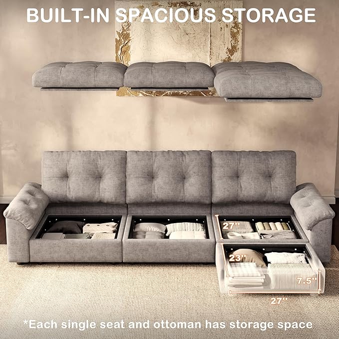 Oversized Modular Sectional Sofa with Storage, Modern Deep Seat Cloud Couch for Living Room, L-Shaped Large Sectional Couch, Single Chair, Gray