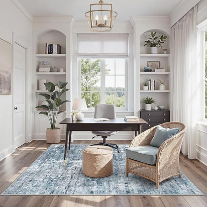 Soalmost Area Rugs 4x6 for Living Room, Vintage Abstract Washable Rugs for Dining Room, Kitchen, Non-Slip Area Rug Blue