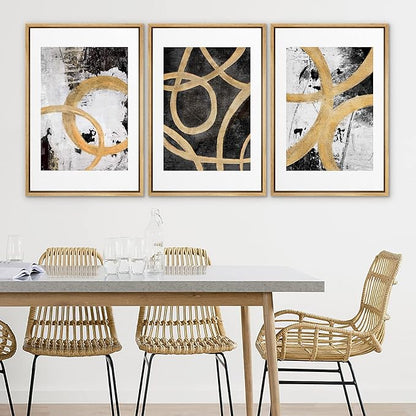 SIGNLEADER Framed Canvas Print Wall Art Set Gold Black Circle Ring Spiral Collage Abstract Shapes Illustrations Modern Art Decorative Contemporary for Living Room, Bedroom, Office - 24"x36"x3 NATURAL