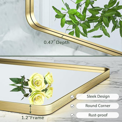 TokeShimi Gold Bathroom Mirror - 24 x 36 Inch Metal Rounded Corner Rectangle Mirror - Hangs Horizontal Or Vertical - Rustic Finish