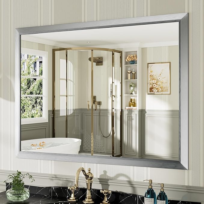 48x36 Inch Brushed Silver Bathroom Mirror for Wall, Thick Metal Framed Rectangle Mirrors for Over Sink, Bedroom, Living Room, Entryway, Anti-Rust, HD Tempered Glass