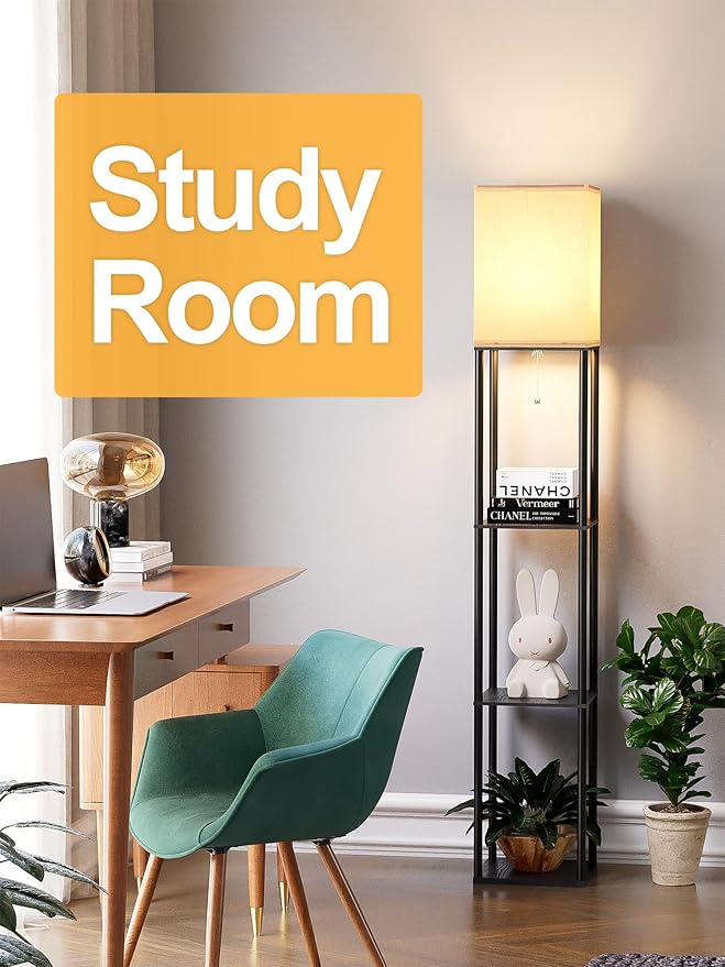 Floor Lamp with Shelves for Living Room 2 Pack, Shelf Floor Lamp with 3 CCT LED Bulb, Corner Display Standing Column Lamp Etagere Organizer Tower Nightstand with White Linen Shade for Bedroom, Office
