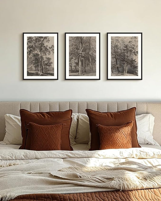 PHOPAGO Vintage Tree Framed Wall Art Retro Forest Wall Decor Nature Wilderness Sketch Paints Modern Bedroom Living Room Decor - 11x14in Black Framed