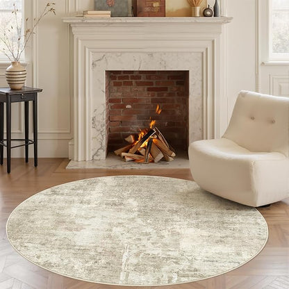 Soalmost 6x6 Beige Gray Round Rug 6ft Living Room Circle Rug Vintage Round Area Rug Non Slip Indoor Carpet for Dining Room Bedroom