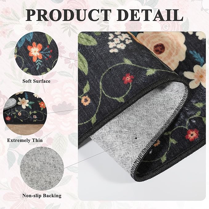 DUKINO 2x5 Runner Rug for Hallway, Washable Kitchen Floral Runner Rug with Non Slip Backing, Low Pile Soft Boho Carpet for Kitchen, Hallway, Entryway, Laundry, Bedroom, Black