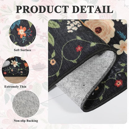 DUKINO 2x5 Runner Rug for Hallway, Washable Kitchen Floral Runner Rug with Non Slip Backing, Low Pile Soft Boho Carpet for Kitchen, Hallway, Entryway, Laundry, Bedroom, Black