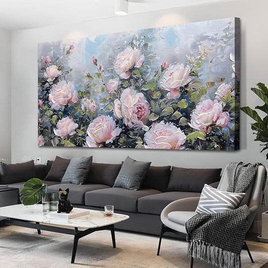 Enartly Pink Flower Wall Art Large Living Room Bedroom Wall Decor Rose Canvas Painting Floral Picture Bloosom Textured Green Modern Artwork Framed for Bathroom Kitchen Home Office Decoration, 40"x20"