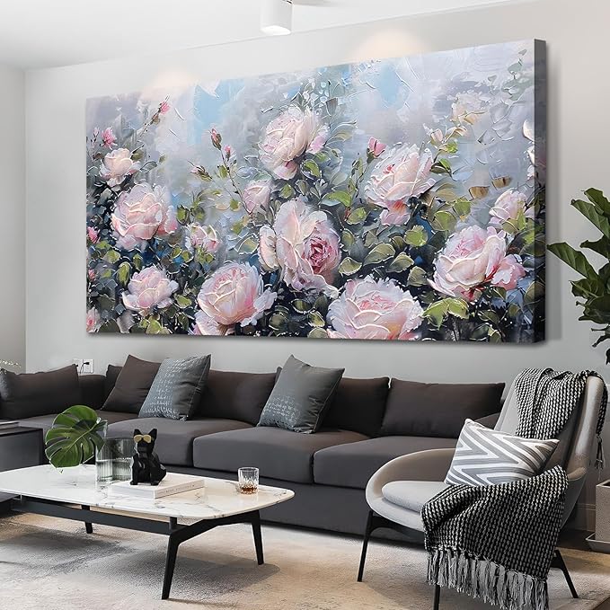 Enartly Pink Flower Wall Art Large Living Room Bedroom Wall Decor Rose Canvas Painting Floral Picture Bloosom Textured Green Modern Artwork Framed for Bathroom Kitchen Home Office Decoration, 48"x24"