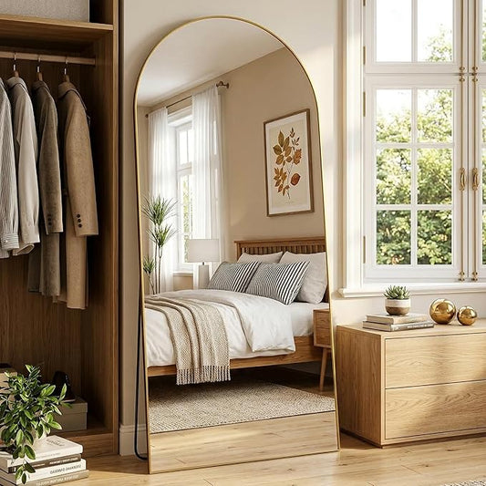 Arched Full Length Mirror 71 x 32 Inch, Full Body Mirror with Stand, Standing Hanging or Leaning Against Wall, Metal Frame Floor Mirror for Bedroom, Living Room, Cloakroom,Gold
