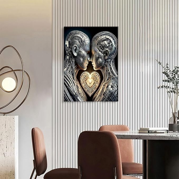 Framed 3D Love Wall Art Canvas Mural Futurist Gallery Couple Fantasy Robot Romantic Poster Art Bedroom Living Room Office Game Room High tech Aesthetic Decoration 16x24 inches