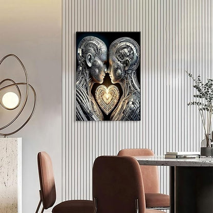 Framed 3D Love Wall Art Canvas Mural Futurist Gallery Couple Fantasy Robot Romantic Poster Art Bedroom Living Room Office Game Room High tech Aesthetic Decoration 16x24 inches