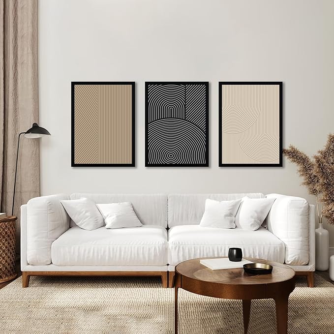 FWAHREN Framed Modern Abstract Minimalist Neutral Canvas Wall Art, Geometric Textured Line Mid Century Prints Artwork, Contemporary Japandi Wall Decor, Living Room Bedroom Office, Set of 3, 12x16in