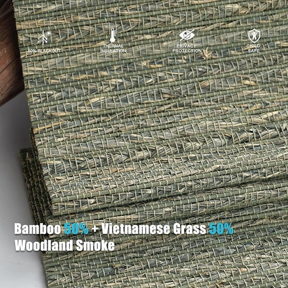 Motorized Bamboo Roman Blinds with Remote, Woven Roman Shades Compatible with Alexa Google Home, Automatic Bamboo Blind for Indoor Windows CustomSize(Woodland Smoke)