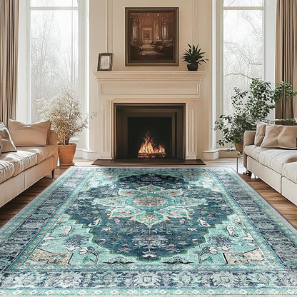 BESTSWEETIE 6x9 Area Rug Washable Rugs for Living Room, No Pile Boho Carpet for Entryway Bedroom Dinning Room, Vintage Carpet Print Distressed Non-Slip, 6 x 9 ft, Teal Dark Green