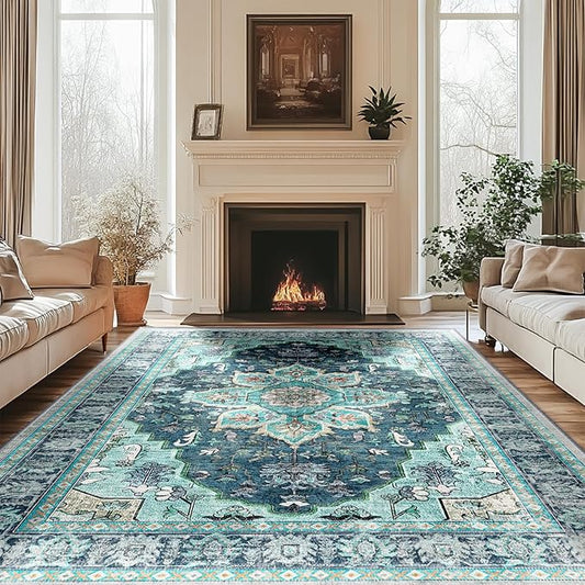 BESTSWEETIE 6x9 Area Rug Washable Rugs for Living Room, No Pile Boho Carpet for Entryway Bedroom Dinning Room, Vintage Carpet Print Distressed Non-Slip, 6 x 9 ft, Teal Dark Green