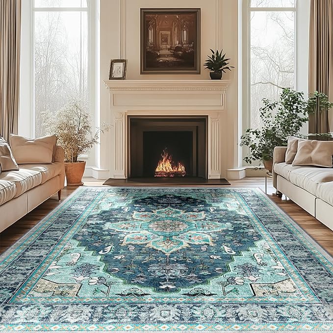 BESTSWEETIE 8x10 Area Rug Washable Rugs for Living Room, No Pile Boho Carpet for Entryway Bedroom Dinning Room, Vintage Carpet Print Distressed Non-Slip, 8 x 10 ft, Teal Dark Green