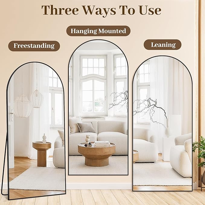 Suidia 72"x44" Arched Full Length Mirror with Stand, Full Body Mirror with Aluminum Frame, Freestanding/Leaning/Wall-Mounted, Floor Mirrors for Bedroom, Living Room, Entryway, Dressing Room, Black